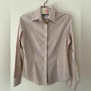 Womens Brooks Brothers Dress Shirt 8 Tan White Stripes Button Cotton Blouse